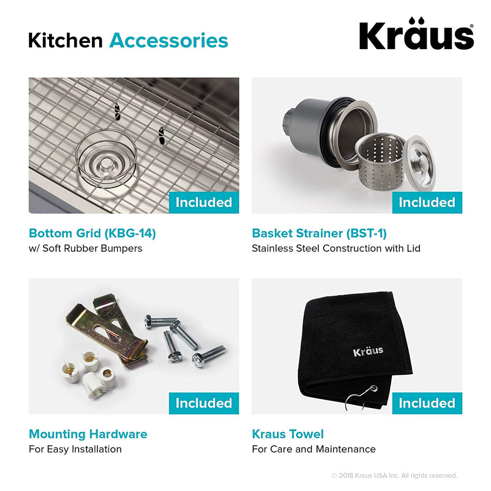 Kraus KBU14 31 1/2 inch Undermount Single Bowl 16 gauge Stainless Steel Kitchen Sink