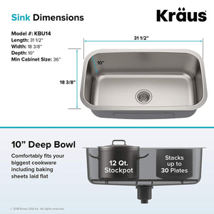 Kraus KBU14 31 1/2 inch Undermount Single Bowl 16 gauge Stainless Steel Kitchen Sink