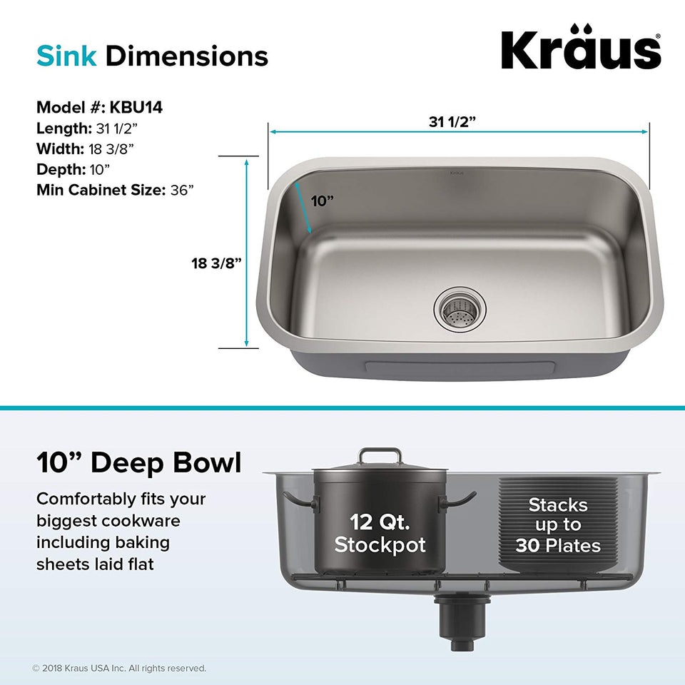 Kraus KBU14 31 1/2 inch Undermount Single Bowl 16 gauge Stainless Steel Kitchen Sink