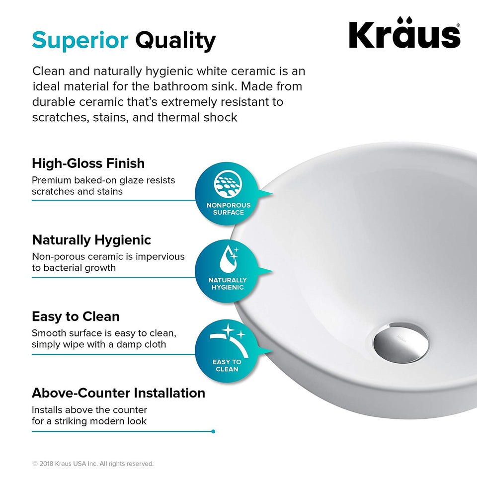 Kraus kcv-141 blanco redondos de cerámica lavabo de baño